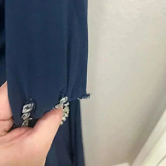 Mac Duggal Maxi Long Gown 4 Navy Beaded Off Shoulder Faux Wrap Wedding Gala - Picture 10 of 16